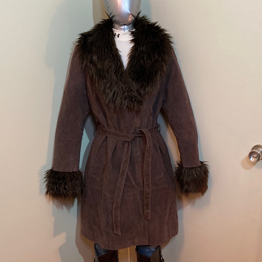Women's Brown Faux Fur Trim Suede Coat